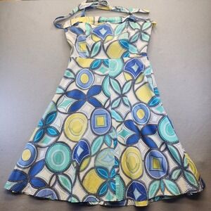 Becky & Max 10/L Halter Dress Blue Yellow Geometric Retro Pinup Fit Flare Summer